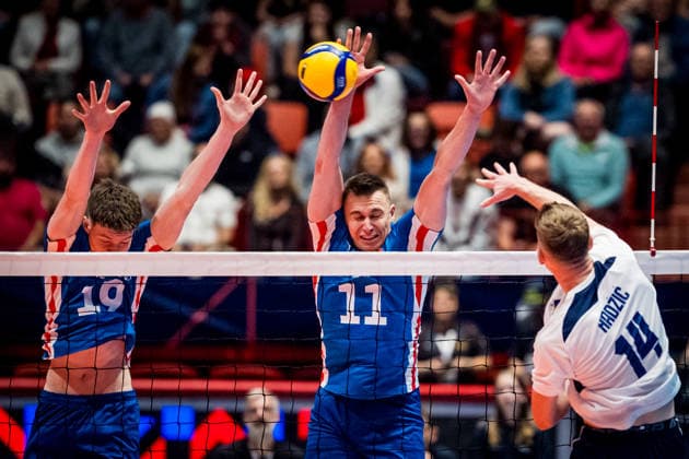 L-R Antonin Klimes, Lukas Vasina (both CZE) and Hasan Hadzic (BIH) in action during the European Volleyball League match Bosnia and Herzegovina vs. Czech Republic, in Jihlava, June 12, 2026. (CTKxPhoto JaroslavxSvoboda) CTKPhotoP2026061207868  CTKPhotoP2026061207868