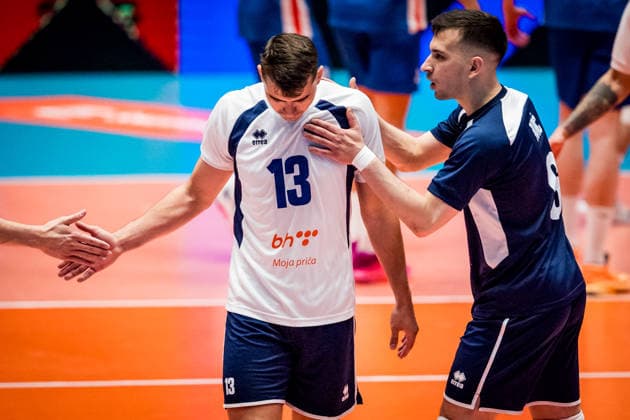 L-R Andrej Ristic, Nikola Maricic (both BIH) in action during the European Volleyball League match Bosnia and Herzegovina vs. Czech Republic, in Jihlava, June 12, 2026. (CTKxPhoto JaroslavxSvoboda) CTKPhotoP2026061207871  CTKPhotoP2026061207871