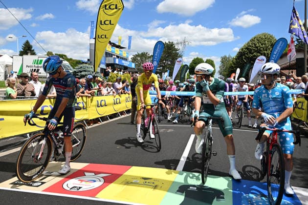Tour Auvergne - Rhone-Alpes 2026 Stage 6 Groupama-FDJ United s French rider CleÌment Braz Afonso and Israeli cyclist Nadav Raisberg of the NSN cycling team, wearing the green sprinter s jersey. during the 6th stage of the Tour Auvergne-Rhone-Alpes cycling race , 182,3km between Saint-Vulbas and Crest-Voland in the French Alps on June 12, 2026. SAINT VULBASFrance  Copyright: xMouradxAllilix