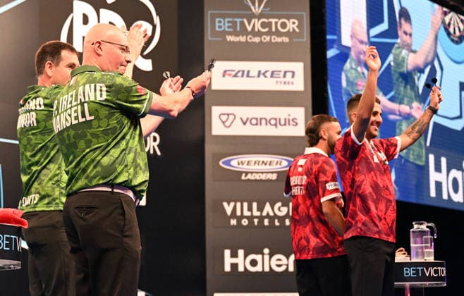 12.06.2026, xhbx, Dart World Cup of Darts 2026, v.l. William O Connor (Irland), Mickey Mansell (Irland), Justin Hewitt (Gibraltar), Craig Galliano (Gibraltar) (DFL DFB REGULATIONS PROHIBIT ANY USE OF PHOTOGRAPHS as IMAGE SEQUENCES and or QUASI-VIDEO) Frankfurt