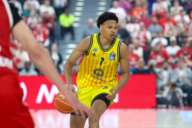Jack Kayil (Alba Berlin, 07) mit Ball, GER, FC Bayern Basketball vs. Alba Berlin, Basketball, easycredit Basketball Bundesliga, Playoffs, Finale, Spiel 1, Saison 2025 2026, 12.06.2026, GER, FC Bayern Basketball vs. Alba Berlin, Basketball, easycredit Basketball Bundesliga, Playoffs, Finale, Spiel 1, Saison 2025 2026, 12.06.2026 Muenchen