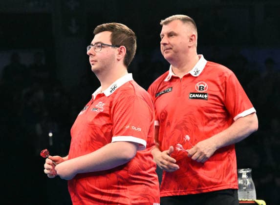 12.06.2026, xhbx, Dart World Cup of Darts 2026, v.l. Sebastian Bialecki (Polen), Krzysztof Ratajski (Polen) (DFL DFB REGULATIONS PROHIBIT ANY USE OF PHOTOGRAPHS as IMAGE SEQUENCES and or QUASI-VIDEO) Frankfurt