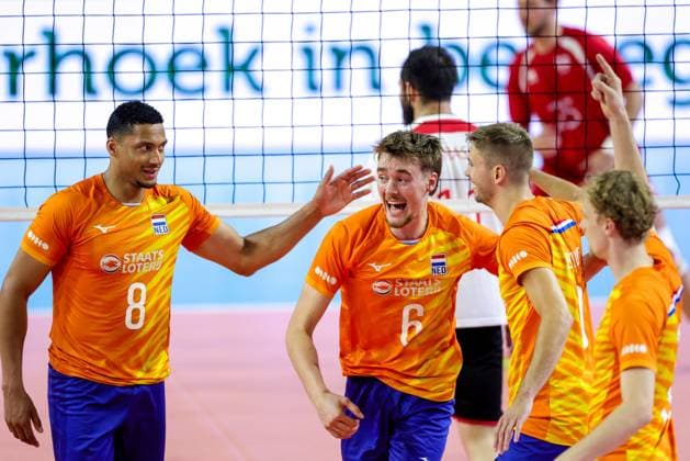 DOETINCHEM , 12-06-2026 , SaZa Topsporthal , Volleyball European League , match between Georgia and Netherlands , picture shows Netherlands player Fabian Plak, Netherlands player Sil Meijs, Netherlands player Joris Berkhout, Netherlands player Yannick Bak Georgia - Netherlands (men)  x204314641x Copyright: