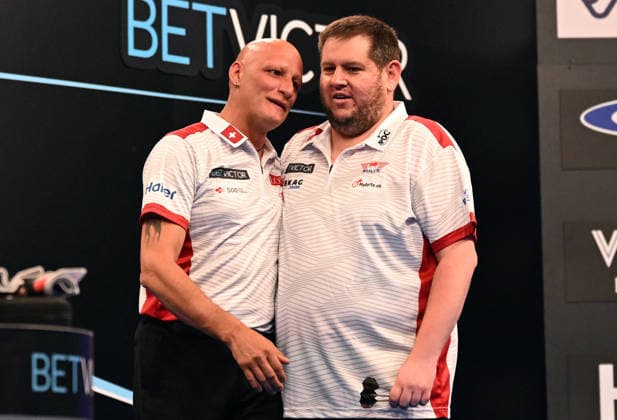 12.06.2026, xhbx, Dart World Cup of Darts 2026, v.l. Marcel Walpen (Schweiz), Stefan Bellmont (Schweiz)enttäuscht, enttäuscht schauend, dissapointed (DFL DFB REGULATIONS PROHIBIT ANY USE OF PHOTOGRAPHS as IMAGE SEQUENCES and or QUASI-VIDEO) Frankfurt