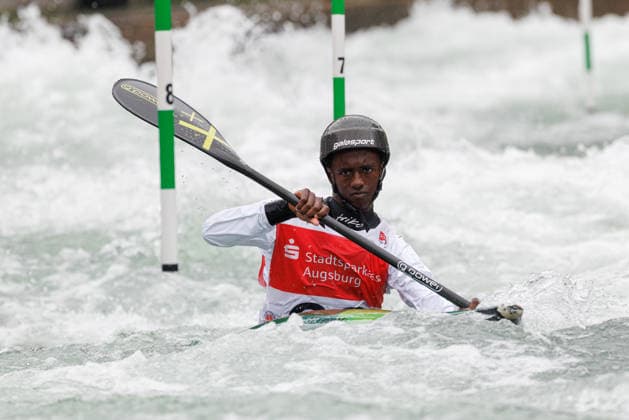 Sport Bilder des Tages Raage Magan (DJI) bei ICF CANOE SLALOM WORLD CUP, Kanusport, Männer, Kajak, 2026, am 12.06.2026 in Augsburg, Eiskanal. Bayern Deutschland *** Raage Magan DJI at ICF CANOE SLALOM WORLD CUP, Canoeing, Men, Kayak, 2026, on 12 06 2026 in Augsburg, Eiskanal Bayern Germany