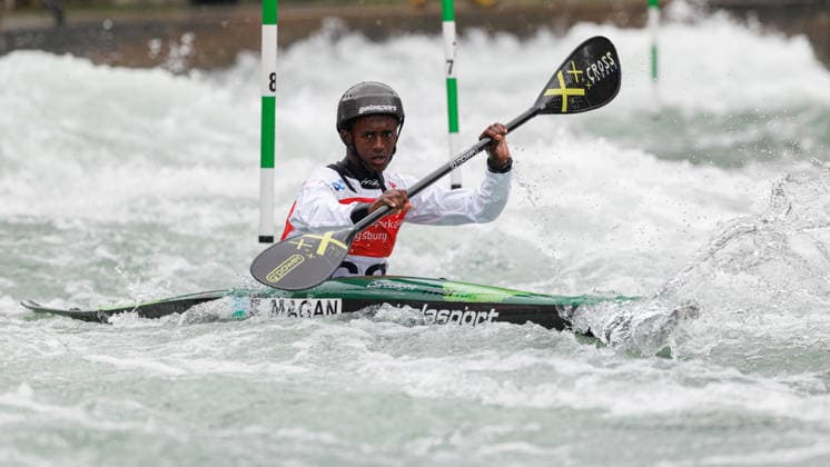 Raage Magan (DJI) bei ICF CANOE SLALOM WORLD CUP, Kanusport, Männer, Kajak, 2026, am 12.06.2026 in Augsburg, Eiskanal. Bayern Deutschland