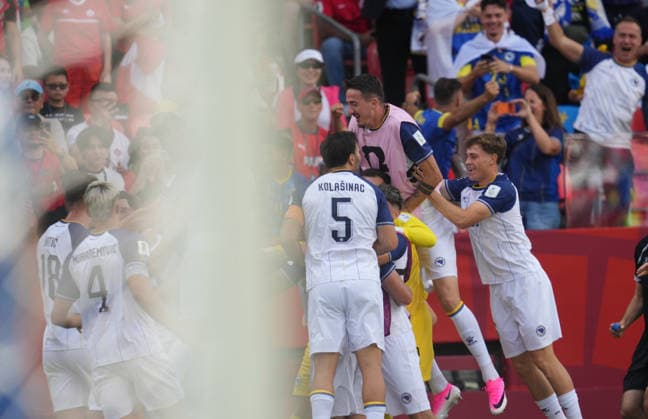 Jovo Lukic (Bosnia And Herzegovina) scores and celebrates his teams first goal during Canada and Bosnia and Herzegovina, Group B FIFA World Cup, WM, Weltmeisterschaft, Fussball 2026, Toronto Stadium, Toronto, Canada on June 12, 2026. Thor Wegner DeFodi Images. (Photo by DeFodi Images) -