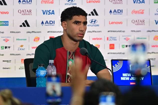 MetLife Stadium NEW JERSEY (NY), 12 06 2026 - SPORTS WORLD CUP: FOOTBALL - MOROCCO - Player Achraf Hakimi, accompanied by coach Mohamed Ouahbi, during a press conference, PK, Pressekonferenz held in the press room of MetLife Stadium, in New Jersey, on the afternoon of Friday, June 12. The team is preparing to face Brazil (BRA) in the first round of Group C of the 2026 FIFA World Cup, WM, Weltmeisterschaft, Fussball (Photo: Eduardo Carmim Photo Premium SPP) 30930 (Eduardo Carmim SPP)  Copyright: xEduardoxCarmimx xSPPx spp-en-EdCa-eduardo_carmim_photo_premium_490886