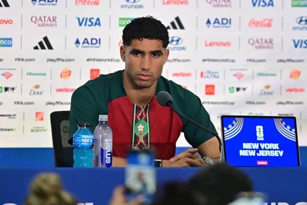 MetLife Stadium NEW JERSEY (NY), 12 06 2026 - SPORTS WORLD CUP: FOOTBALL - MOROCCO - Player Achraf Hakimi, accompanied by coach Mohamed Ouahbi, during a press conference, PK, Pressekonferenz held in the press room of MetLife Stadium, in New Jersey, on the afternoon of Friday, June 12. The team is preparing to face Brazil (BRA) in the first round of Group C of the 2026 FIFA World Cup, WM, Weltmeisterschaft, Fussball (Photo: Eduardo Carmim Photo Premium SPP) 30930 (Eduardo Carmim SPP)  Copyright: xEduardoxCarmimx xSPPx spp-en-EdCa-eduardo_carmim_photo_premium_490891