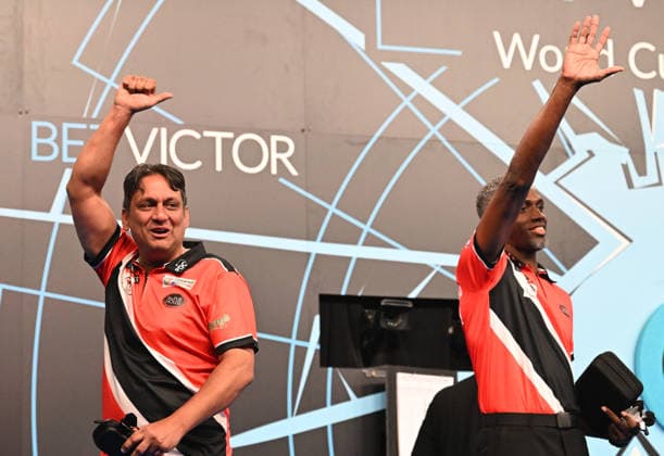 12.06.2026, xhbx, Dart World Cup of Darts 2026, v.l. James Walkin (Trinidad and Tobago), Joshua Balfour (Trinidad and Tobago) jubeln jubelt nach Spielende. (DFL DFB REGULATIONS PROHIBIT ANY USE OF PHOTOGRAPHS as IMAGE SEQUENCES and or QUASI-VIDEO) Frankfurt