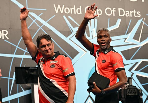 12.06.2026, xhbx, Dart World Cup of Darts 2026, v.l. James Walkin (Trinidad and Tobago), Joshua Balfour (Trinidad and Tobago) jubeln jubelt nach Spielende. (DFL DFB REGULATIONS PROHIBIT ANY USE OF PHOTOGRAPHS as IMAGE SEQUENCES and or QUASI-VIDEO) Frankfurt