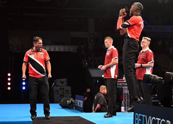 12.06.2026, xhbx, Dart World Cup of Darts 2026, v.l. James Walkin (Trinidad and Tobago), Joshua Balfour (Trinidad and Tobago) jubeln jubelt nach Spielende. (DFL DFB REGULATIONS PROHIBIT ANY USE OF PHOTOGRAPHS as IMAGE SEQUENCES and or QUASI-VIDEO) Frankfurt