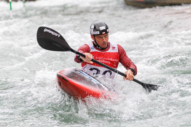 Dariusz Popiela (POL) bei ICF CANOE SLALOM WORLD CUP, Kanusport, Männer, Kajak, 2026, am 12.06.2026 in Augsburg, Eiskanal. Bayern Deutschland