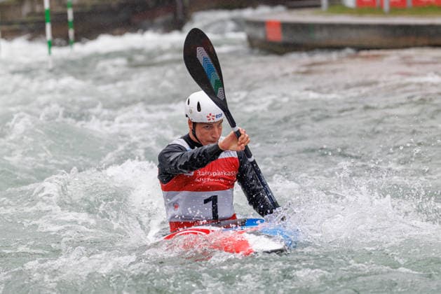 Titouan Castryck (FRA) bei ICF CANOE SLALOM WORLD CUP, Kanusport, Männer, Kajak, 2026, am 12.06.2026 in Augsburg, Eiskanal. Bayern Deutschland