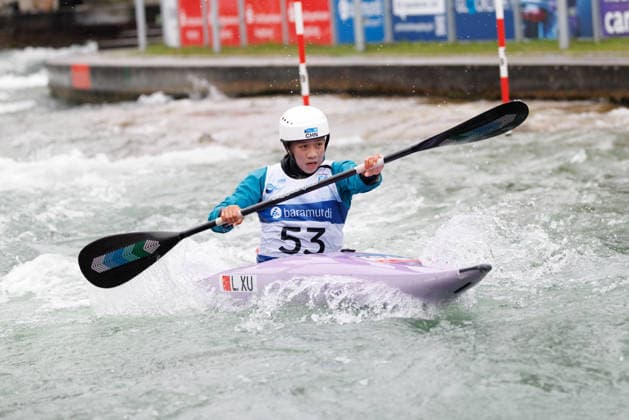 Linxi Xu (CHN) bei ICF CANOE SLALOM WORLD CUP, Kanusport, Frauen, Kajak, 2026, am 12.06.2026 in Augsburg, Eiskanal. Bayern Deutschland