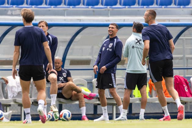 SOCCER - FIFA World Cup, WM, Weltmeisterschaft, Fussball 2026, preview SANTA BARBARA,CALIFORNIA,USA,12.JUN.26 - SOCCER - FIFA World Cup 2026, USA, Mexico, Canada, preview, OEFB, Oesterreichischer Fussball-Bund, training team AUT. Image shows Michael Svoboda, Dejan Ljubicic and Sasa Kalajdzic (AUT).  GEPAxpictures xArminxRauthner