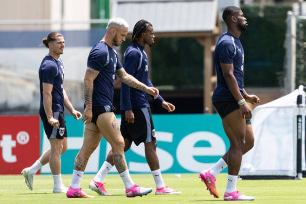 SOCCER - FIFA World Cup, WM, Weltmeisterschaft, Fussball 2026, preview SANTA BARBARA,CALIFORNIA,USA,12.JUN.26 - SOCCER - FIFA World Cup 2026, USA, Mexico, Canada, preview, OEFB, Oesterreichischer Fussball-Bund, training team AUT. Image shows Marcel Sabitzer, Marko Arnautovic, Carney Chukwuemeka and Kevin Danso (AUT).  GEPAxpictures xArminxRauthner