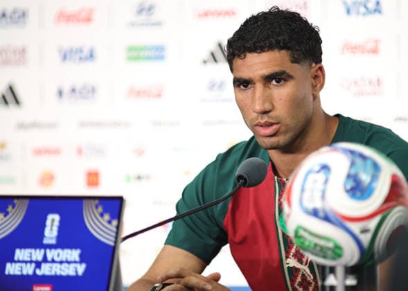 June 12, 2026, East Rutherford, New Jersey, USA: Morocco captain Achraf Hakimi during a press conference, PK, Pressekonferenz at MetLife Stadium ahead of the June 13th FIFA World Cup, WM, Weltmeisterschaft, Fussball 2026 matchup between Morocco and Brazil. FIFA World Cup 2026: Press Conference  - ZUMAs325 20260612_zsp_s325_002 Copyright: xJessxStilesx
