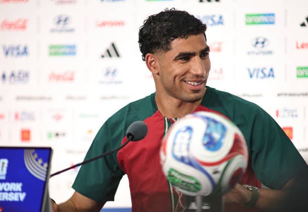 June 12, 2026, East Rutherford, New Jersey, USA: Morocco captain Achraf Hakimi during a press conference, PK, Pressekonferenz at MetLife Stadium ahead of the June 13th FIFA World Cup, WM, Weltmeisterschaft, Fussball 2026 matchup between Morocco and Brazil. FIFA World Cup 2026: Press Conference  - ZUMAs325 20260612_zsp_s325_011 Copyright: xJessxStilesx