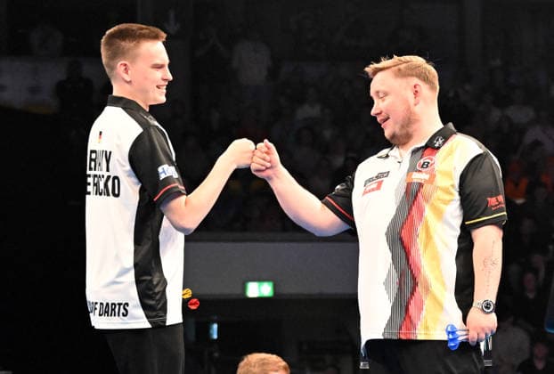 12.06.2026, xhbx, Dart World Cup of Darts 2026, v.l. Ricardo Pietreczko (Deutschland), Martin Schindler (Deutschland) (DFL DFB REGULATIONS PROHIBIT ANY USE OF PHOTOGRAPHS as IMAGE SEQUENCES and or QUASI-VIDEO) Frankfurt