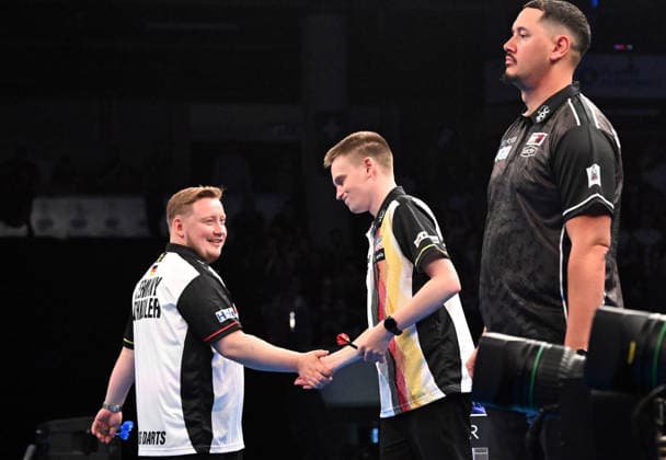 12.06.2026, xhbx, Dart World Cup of Darts 2026, v.l. Martin Schindler (Deutschland), Ricardo Pietreczko (Deutschland) (DFL DFB REGULATIONS PROHIBIT ANY USE OF PHOTOGRAPHS as IMAGE SEQUENCES and or QUASI-VIDEO) Frankfurt