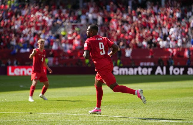 June 12 2026: Cyle Larin (Canada) scores and celebrates his teams first goal during Canada and Bosnia and Herzegovina, FIFA World Cup, WM, Weltmeisterschaft, Fussball 2026, at Toronto Stadium in Toronto, Canada. CSM Canada V Bosnia And Herzegovina: Group B - FIFA World Cup 2026  - ZUMAc04_ 20260612_zma_c04_061 Copyright: xKimxPricex
