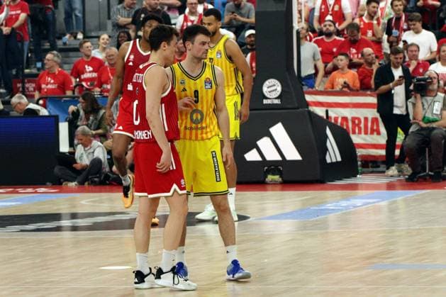 MUNICH, GERMANY - June 12: Dimitrijevic, Neno (FC Bayern, 0) and Mattisseck, Jonas (ALBA Berlin, 9) during the easyCredit Basketball Bundesliga Playoff Finals on game 1, between FC Bayern Muenchen vs. ALBA Berlin at SAP Garden, Munich, on June 12, 2026 in Munich, Germany. Bavaria Germany Copyright: xPhotographer:xNilsxKoepkex