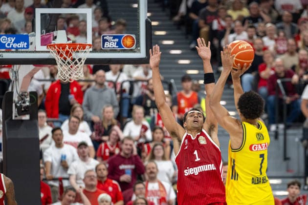 Oscar da Silva 1 (FC Bayern Basketball), Jack Kayil 7 (Alba Berlin), FC Bayern Basketball vs. Alba Berlin, BBL, Finale 1, 12.06.2026 Muenchen Bayern Deutschland