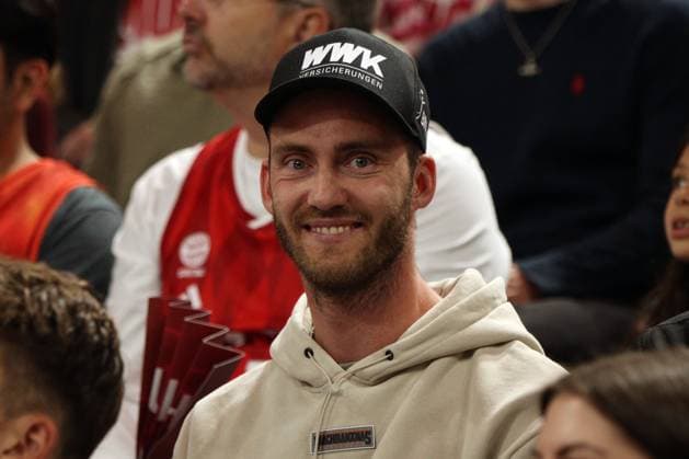 MUNICH, GERMANY - June 12: Clemens Wicker (Beachvolleyball Olympic Silvermedalist) watching the game during the easyCredit Basketball Bundesliga Playoff Finals on game 1, between FC Bayern Muenchen vs. ALBA Berlin at SAP Garden, Munich, on June 12, 2026 in Munich, Germany. Bavaria Germany Copyright: xPhotographer:xNilsxKoepkex