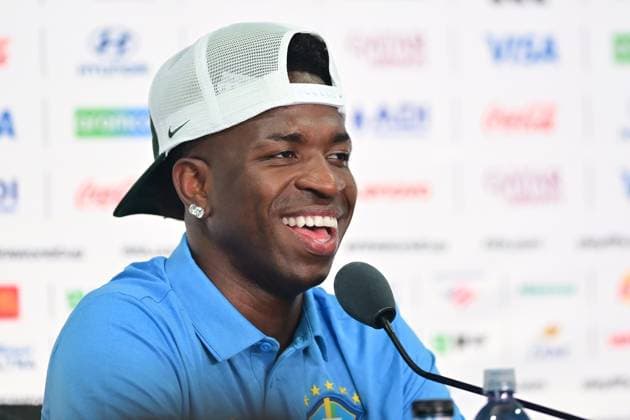 MetLife Stadium NEW JERSEY (NY), 12 06 2026 - SPORTS WORLD CUP: FOOTBALL-BRAZIL - Player Vinicius Junior, accompanied by coach Carlos Ancelotti, during a press conference, PK, Pressekonferenz held in the press room of MetLife Stadium, in New Jersey, on the afternoon of Friday, June 12. The team is preparing to face Morocco (MAR) in the first round of Group C of the 2026 FIFA World Cup, WM, Weltmeisterschaft, Fussball (Photo: Eduardo Carmim Photo Premium SPP) 30930 (Eduardo Carmim SPP)  Copyright: xEduardoxCarmimx xSPPx spp-en-EdCa-eduardo_carmim_photo_premium_490911