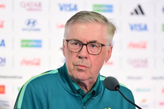 MetLife Stadium NEW JERSEY (NY), 12 06 2026 - SPORTS WORLD CUP: FOOTBALL-BRAZIL - Player Vinicius Junior, accompanied by coach Carlos Ancelotti, during a press conference, PK, Pressekonferenz held in the press room of MetLife Stadium, in New Jersey, on the afternoon of Friday, June 12. The team is preparing to face Morocco (MAR) in the first round of Group C of the 2026 FIFA World Cup, WM, Weltmeisterschaft, Fussball (Photo: Eduardo Carmim Photo Premium SPP) 30930 (Eduardo Carmim SPP)  Copyright: xEduardoxCarmimx xSPPx spp-en-EdCa-eduardo_carmim_photo_premium_490915
