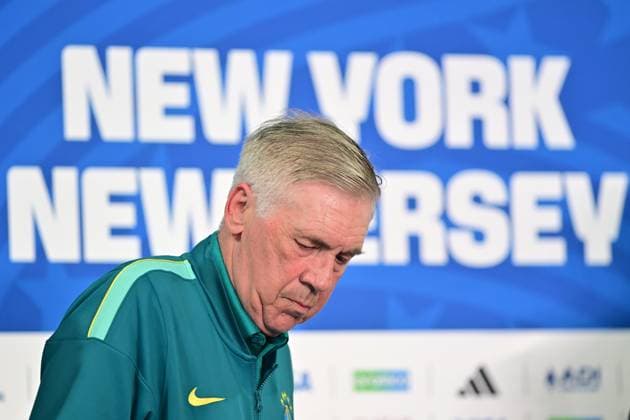 MetLife Stadium NEW JERSEY (NY), 12 06 2026 - SPORTS WORLD CUP: FOOTBALL-BRAZIL - Player Vinicius Junior, accompanied by coach Carlos Ancelotti, during a press conference, PK, Pressekonferenz held in the press room of MetLife Stadium, in New Jersey, on the afternoon of Friday, June 12. The team is preparing to face Morocco (MAR) in the first round of Group C of the 2026 FIFA World Cup, WM, Weltmeisterschaft, Fussball (Photo: Eduardo Carmim Photo Premium SPP) 30930 (Eduardo Carmim SPP)  Copyright: xEduardoxCarmimx xSPPx spp-en-EdCa-eduardo_carmim_photo_premium_490916