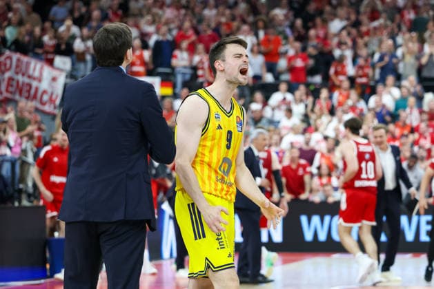 Jonas Mattisseck (Alba Berlin, 09) ruft, Emotionen, Mimik, GER, FC Bayern Basketball vs. Alba Berlin, Basketball, easycredit Basketball Bundesliga, Playoffs, Finale, Spiel 1, Saison 2025 2026, 12.06.2026, GER, FC Bayern Basketball vs. Alba Berlin, Basketball, easycredit Basketball Bundesliga, Playoffs, Finale, Spiel 1, Saison 2025 2026, 12.06.2026 Muenchen