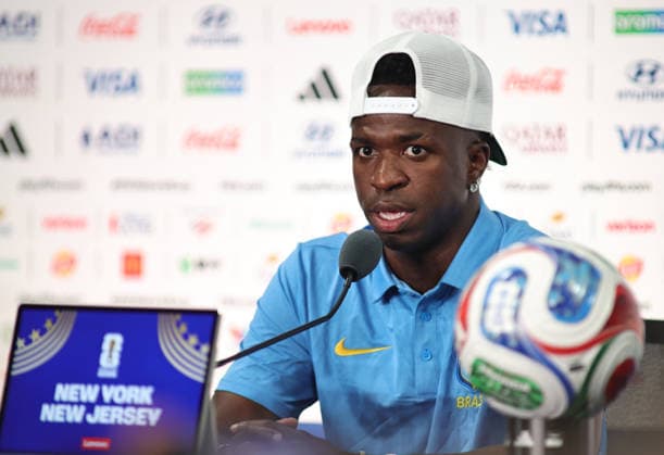 June 12, 2026, East Rutherford, New Jersey, USA: Brazil forward Vinicius Junior during a press conference, PK, Pressekonferenz at MetLife Stadium ahead of the June 13th FIFA World Cup, WM, Weltmeisterschaft, Fussball 2026 matchup between Morocco and Brazil. East Rutherford USA - ZUMAs325 20260612_zsp_s325_032 Copyright: xJessxStilesx