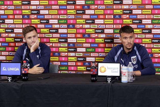 SOCCER - FIFA World Cup, WM, Weltmeisterschaft, Fussball 2026, preview SANTA BARBARA,CALIFORNIA,USA,12.JUN.26 - SOCCER - FIFA World Cup 2026, USA, Mexico, Canada, preview, OEFB, Oesterreichischer Fussball-Bund, press conference, PK, Pressekonferenz team AUT. Image shows Christoph Baumgartner and Dejan Ljubicic (AUT).  GEPAxpictures xArminxRauthner
