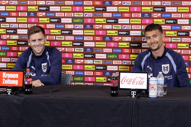 SOCCER - FIFA World Cup, WM, Weltmeisterschaft, Fussball 2026, preview SANTA BARBARA,CALIFORNIA,USA,12.JUN.26 - SOCCER - FIFA World Cup 2026, USA, Mexico, Canada, preview, OEFB, Oesterreichischer Fussball-Bund, press conference, PK, Pressekonferenz team AUT. Image shows Christoph Baumgartner and Dejan Ljubicic (AUT).  GEPAxpictures xArminxRauthner