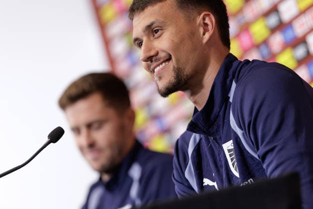 SOCCER - FIFA World Cup, WM, Weltmeisterschaft, Fussball 2026, preview SANTA BARBARA,CALIFORNIA,USA,12.JUN.26 - SOCCER - FIFA World Cup 2026, USA, Mexico, Canada, preview, OEFB, Oesterreichischer Fussball-Bund, press conference, PK, Pressekonferenz team AUT. Image shows Christoph Baumgartner and Dejan Ljubicic (AUT)Christoph Baumgartner and Dejan Ljubicic (AUT).  GEPAxpictures xArminxRauthner