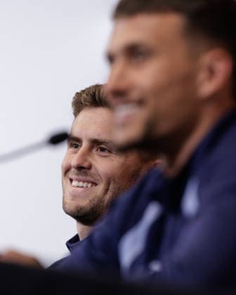 SOCCER - FIFA World Cup, WM, Weltmeisterschaft, Fussball 2026, preview SANTA BARBARA,CALIFORNIA,USA,12.JUN.26 - SOCCER - FIFA World Cup 2026, USA, Mexico, Canada, preview, OEFB, Oesterreichischer Fussball-Bund, press conference, PK, Pressekonferenz team AUT. Image shows Christoph Baumgartner and Dejan Ljubicic (AUT).  GEPAxpictures xArminxRauthner
