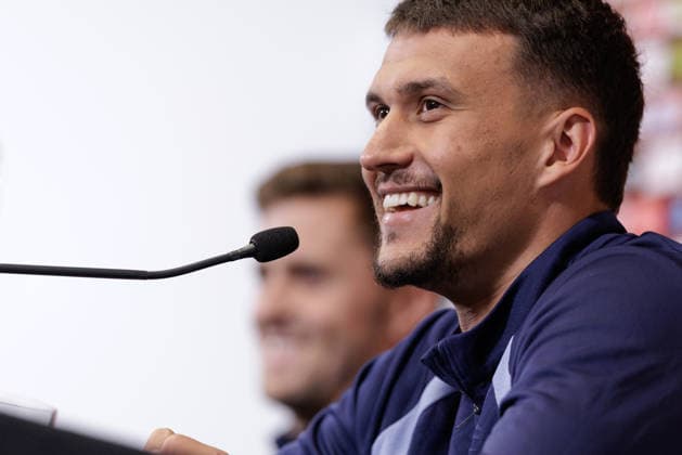 SOCCER - FIFA World Cup, WM, Weltmeisterschaft, Fussball 2026, preview SANTA BARBARA,CALIFORNIA,USA,12.JUN.26 - SOCCER - FIFA World Cup 2026, USA, Mexico, Canada, preview, OEFB, Oesterreichischer Fussball-Bund, press conference, PK, Pressekonferenz team AUT. Image shows Christoph Baumgartner and Dejan Ljubicic (AUT).  GEPAxpictures xArminxRauthner