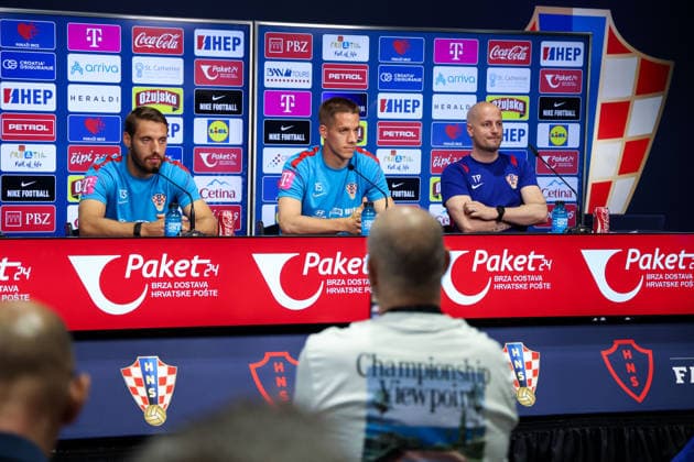 Croatia Training And press conference, PK, Pressekonferenz - FIFA World Cup, WM, Weltmeisterschaft, Fussball 2026 Nikola Vlasic of Croatia, Mario Pasalic of Croatia and Head of communications at Croatian Football Federation Tomislav Pacak speak with a media during the press conference of Croatia National Football Team at training centre at Episcopal High School on June 12, 2026 in Alexandria, Virginia.  IgorxKralj PIXSELL
