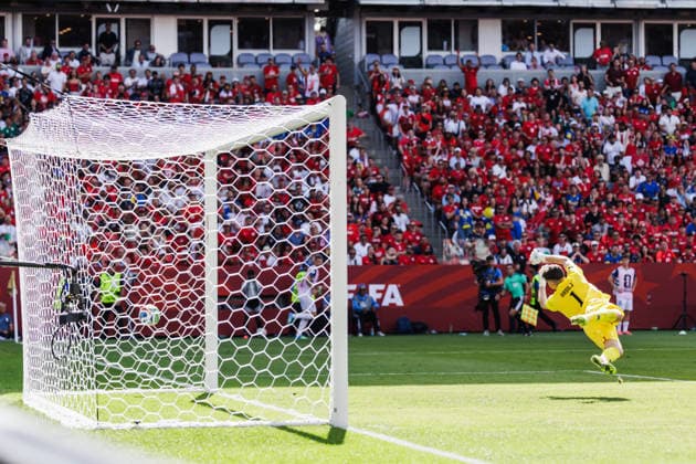 TORONTO, ON - JUNE 12: Goalkeeper Nikola Vasilj (1) of Bosnia and Herzegovina dives as forward Cyle Larin (9) of Canada (not shown) scores a goal during the second half of the FIFA World Cup, WM, Weltmeisterschaft, Fussball 2026 Group B match between Canada and Bosnia and Herzegovina on June 12, 2026, at Toronto Stadium in Toronto, ON. (Photo by Mathew Tsang Icon Sportswire) SOCCER: JUN 12 FIFA World Cup 26 Group B - Canada vs Bosnia and Herzegovina EDITORIAL USE ONLY Icon260612006