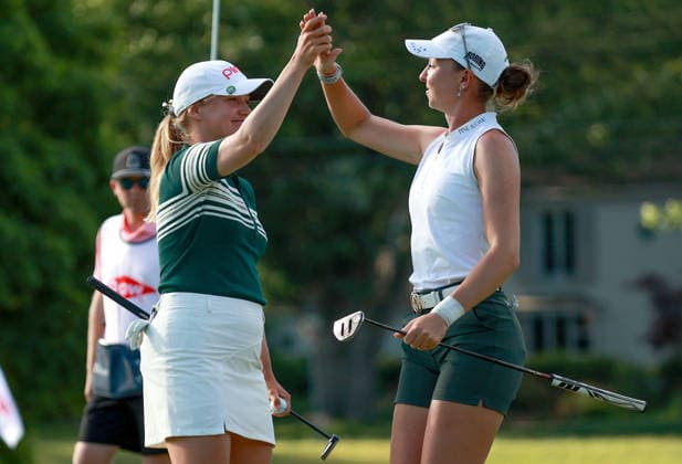 Dow Championship Midland, MI - JUNE 12: Celine Borge of Norway celebrates on the 9th green with her teammate Polly Mack of Germany after completing the course in first place during the second round of the Dow Championship at Midland Country Club on June 12, 2026 in Midland, Michigan. Midland Michigan United States  Copyright: xAmyxLemusx originalFilename:lemus-dowchamp260612_np10n.jpg