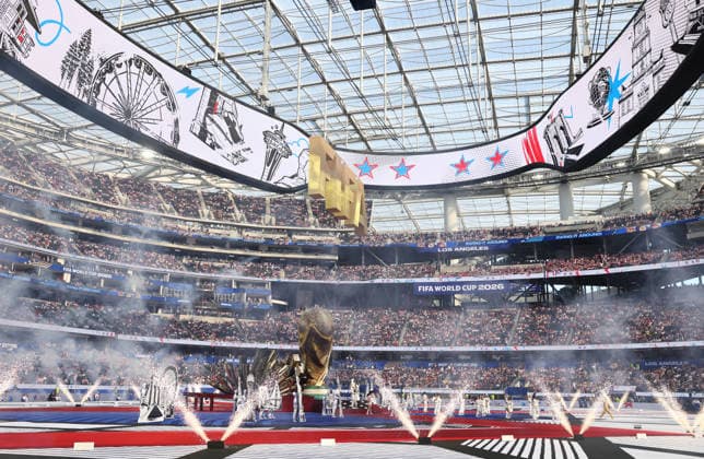Entertainers perform during the opening ceremony before the start of the FIFA World Cup, WM, Weltmeisterschaft, Fussball match between the USA and Paraguay at SoFi Stadium in Los Angeles on Friday, June 12, 2026.  LAP20260612901 CHRISTIANxBRUNSKILL