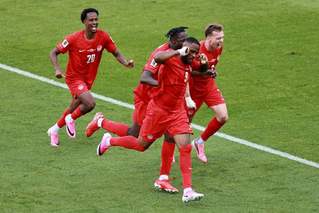 (260613) -- TORONTO, June 13, 2026 -- Players of Canada celebrate scoring during the group B match between Canada and Bosnia and Herzegovina at the 2026 FIFA World Cup, WM, Weltmeisterschaft, Fussball at Toronto Stadium in Toronto, Canada, June 12, 2026. (Photo by Xinhua) (SP)CANADA-TORONTO-FOOTBALL-FIFA WORLD CUP-GROUP B-CAN VS BIH YangxShu 