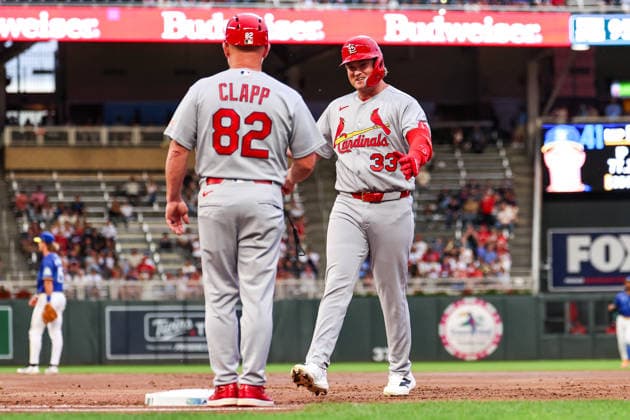 June 12th, 2026: St. Louis Cardinals third baseman Blaze Jordan (33) celebrates a single against the Minnesota Twins in the second inning of a MLB, Baseball Herren, USA Baseball game between the St. Louis Cardinals and the Minnesota Twins at Target Field in Minneapolis, Minnesota. This is Blaze JordanÃ¢â‚¬â ¢s MLB debut. CSM Minneapolis USA - ZUMAc04_ 20260612_zma_c04_094 Copyright: xStevenxGarciax