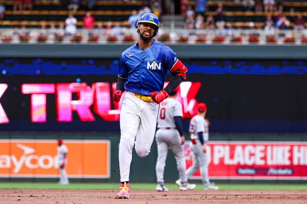 June 12th, 2026: Minnesota Twins center fielder Byron Buxton (25) celebrates a solo home run in the first inning of a MLB, Baseball Herren, USA Baseball game between the St. Louis Cardinals and the Minnesota Twins at Target Field in Minneapolis, Minnesota. CSM Minneapolis USA - ZUMAc04_ 20260612_zma_c04_099 Copyright: xStevenxGarciax