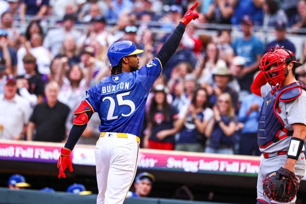 June 12th, 2026: Minnesota Twins center fielder Byron Buxton (25) celebrates a solo home run in the first inning of a MLB, Baseball Herren, USA Baseball game between the St. Louis Cardinals and the Minnesota Twins at Target Field in Minneapolis, Minnesota. CSM Minneapolis USA - ZUMAc04_ 20260612_zma_c04_111 Copyright: xStevenxGarciax