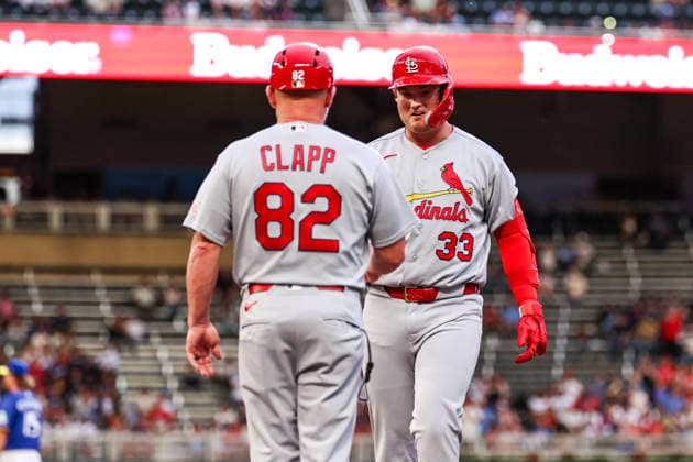 June 12th, 2026: St. Louis Cardinals third baseman Blaze Jordan (33) celebrates a single against the Minnesota Twins in the second inning of a MLB, Baseball Herren, USA Baseball game between the St. Louis Cardinals and the Minnesota Twins at Target Field in Minneapolis, Minnesota. This is Blaze JordanÃ¢â‚¬â ¢s MLB debut. CSM Minneapolis USA - ZUMAc04_ 20260612_zma_c04_112 Copyright: xStevenxGarciax