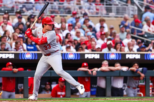 June 12th, 2026: St. Louis Cardinals third baseman Blaze Jordan (33) bats against the Minnesota Twins in the second inning of a MLB, Baseball Herren, USA Baseball game between the St. Louis Cardinals and the Minnesota Twins at Target Field in Minneapolis, Minnesota. CSM Minneapolis USA - ZUMAc04_ 20260612_zma_c04_113 Copyright: xStevenxGarciax