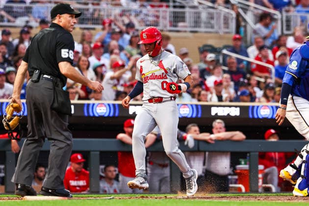 June 12th, 2026: St. Louis Cardinals shortstop Masyn Winn (0) scores on a RBI single in the second inning of a MLB, Baseball Herren, USA Baseball game between the St. Louis Cardinals and the Minnesota Twins at Target Field in Minneapolis, Minnesota. CSM Minneapolis USA - ZUMAc04_ 20260612_zma_c04_119 Copyright: xStevenxGarciax